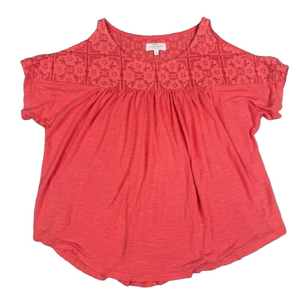 Lucky Brand Lace Cold Shoulder Top Womens Medium Coral Boho Peasant Crochet